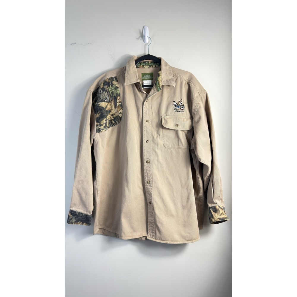 Quail Unlimited Mens XL Canvas Button Down Shirt Camo Shooting Patch Vintage